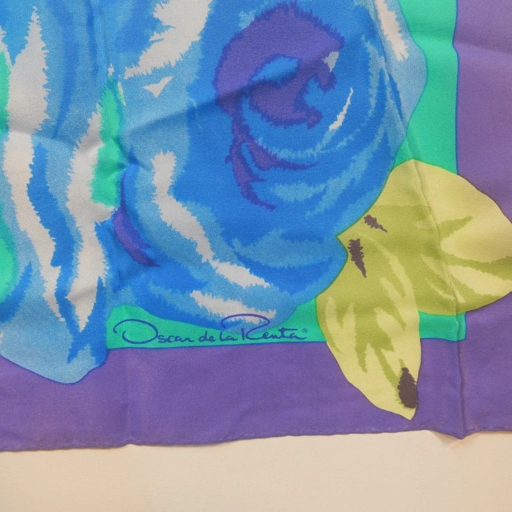 Vintage Oscar De La Renta 100% Silk Square Scarf Blue Floral Hand-stitched